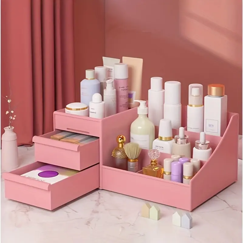 Pink desktop cosmetic organizer, makeup storage box with drawers, suitable for dressing tables, washbasins, and bathroom cabinets, elegantly stores brushes, eye shadow, lipstick, and nail polish