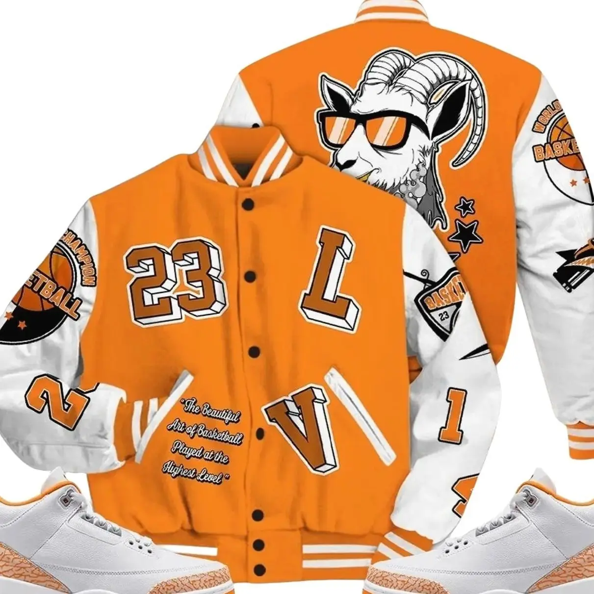3 White Orange Peel Varsity Jacket, Orange Citrus 3s Outfit AIR Number 23 Shirts To Match Sneaker Streetwear