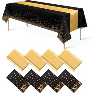 8Pack Disposable Plastic Tablecloths and Satin Table Runner Set Black  Dot Table Cloth  Satin Table Runner for Graduation Wedding Birthday  Shower Anniversary Holiday Party Decorations