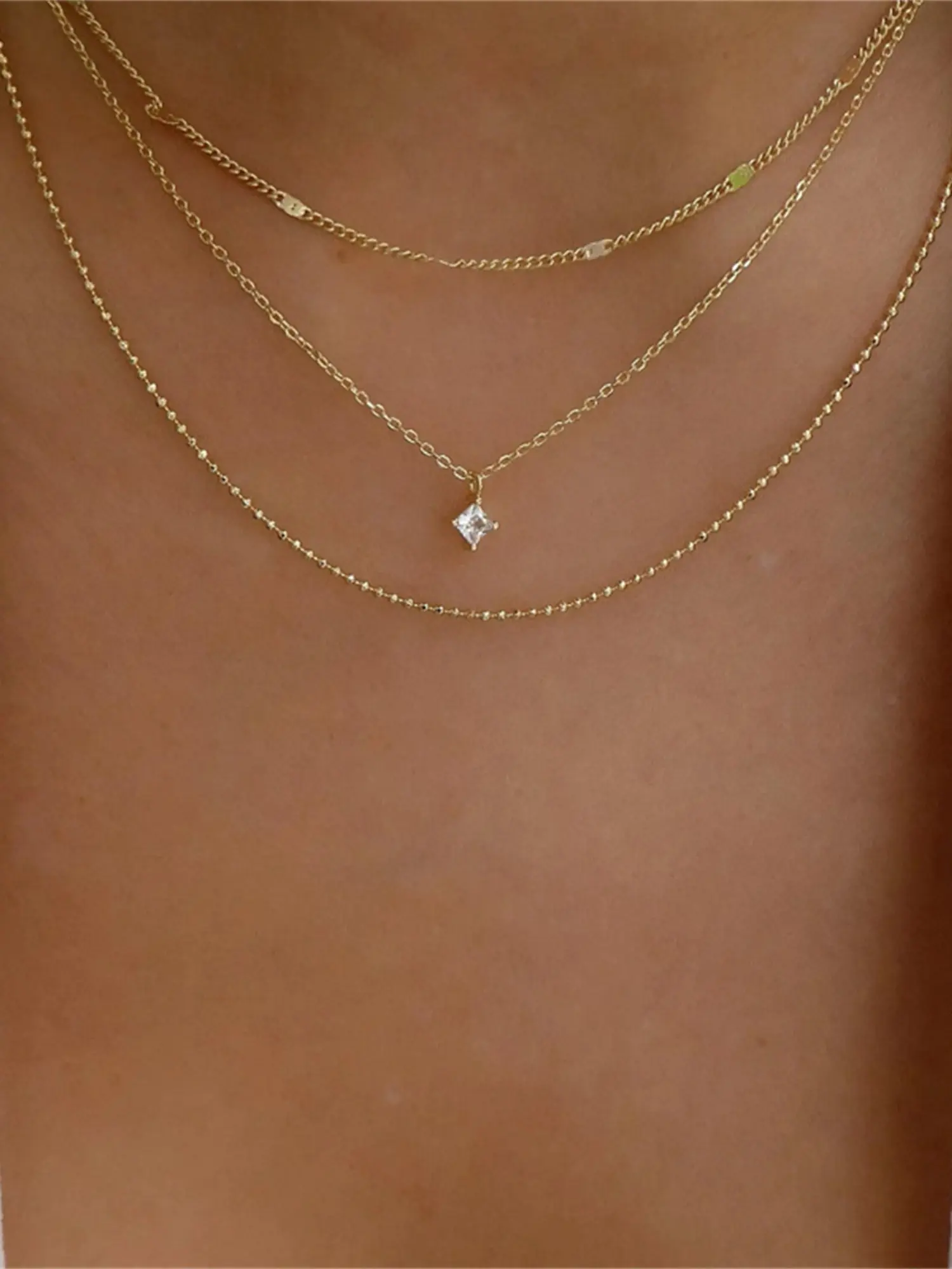 Minimalist Square Diamond Pendant Necklace for Women, Multi-Layer Metal Chain Choker, Dainty Layering Jewelry, Adjustable Dainty Gold/Silver Jewelry Gift, Dainty Necklaces