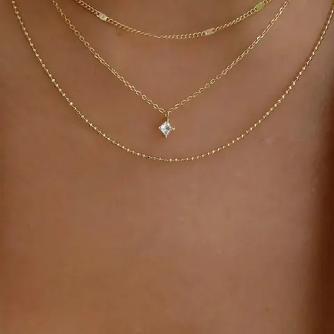 Minimalist Square Diamond Pendant Necklace for Women, Multi-Layer Metal Chain Choker, Dainty Layering Jewelry, Adjustable Dainty Gold/Silver Jewelry Gift, Dainty Necklaces