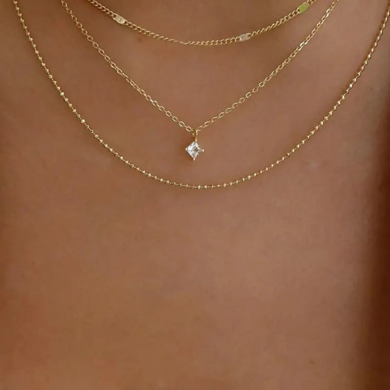 Minimalist Square Diamond Pendant Necklace for Women, Multi-Layer Metal Chain Choker, Dainty Layering Jewelry, Adjustable Dainty Gold/Silver Jewelry Gift, Dainty Necklaces
