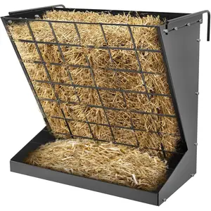 Black 2-in-1 Wall Mount Hay Feeder for Goats, Heavy Duty Galvanized Steel Hay Rack with 18.5 Gallon Capacity & Grain Tray – For Sheep, Horses & Cattle, Indoor/Outdoor