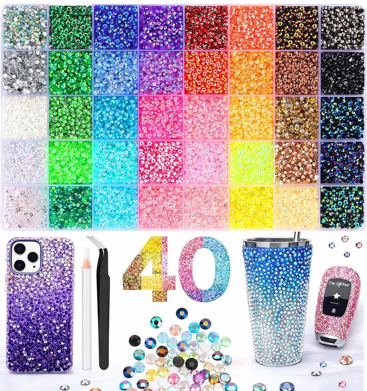 40 Color 40000Pcs Jelly Rhinestones Multicolor Resin Flatback Gems with Kit Tools for Diamond Art Bedazzling Jewelry Crafting Book Shoes Nail Art