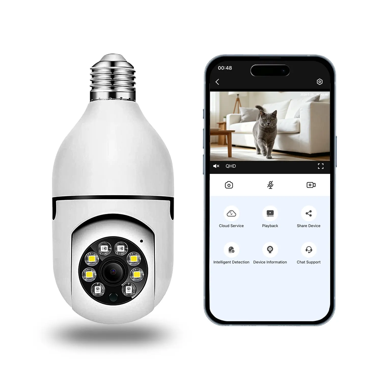 3MP Light Bulb Security Camera, 360° PTZ AI Indoor Security Camera with Motion Detection, 2.4GHz WiFi, 2-Way Audio, Night Vision, Micro SD & Cloud Storage, E27 Socket, Smartphone Remote Control