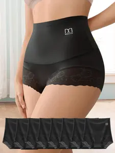 QUASTI 8 Pack Black High Waist Women's Panties with Lace Trim,Tummy Control Shapewear Panties, Full Coverage Ladies Panties,Soft Stretch Breathable Briefs Womenswear-Perfect for Postpartum,Shaping Support & Daily Wear