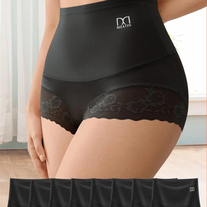 QUASTI 6/8 Pack Black High Waist Women's Panties with Lace Trim,Tummy Control Shapewear Panties, Full Coverage Ladies Panties,Soft Stretch Breathable Briefs Womenswear-Perfect for Postpartum,Shaping Support & Daily Wear