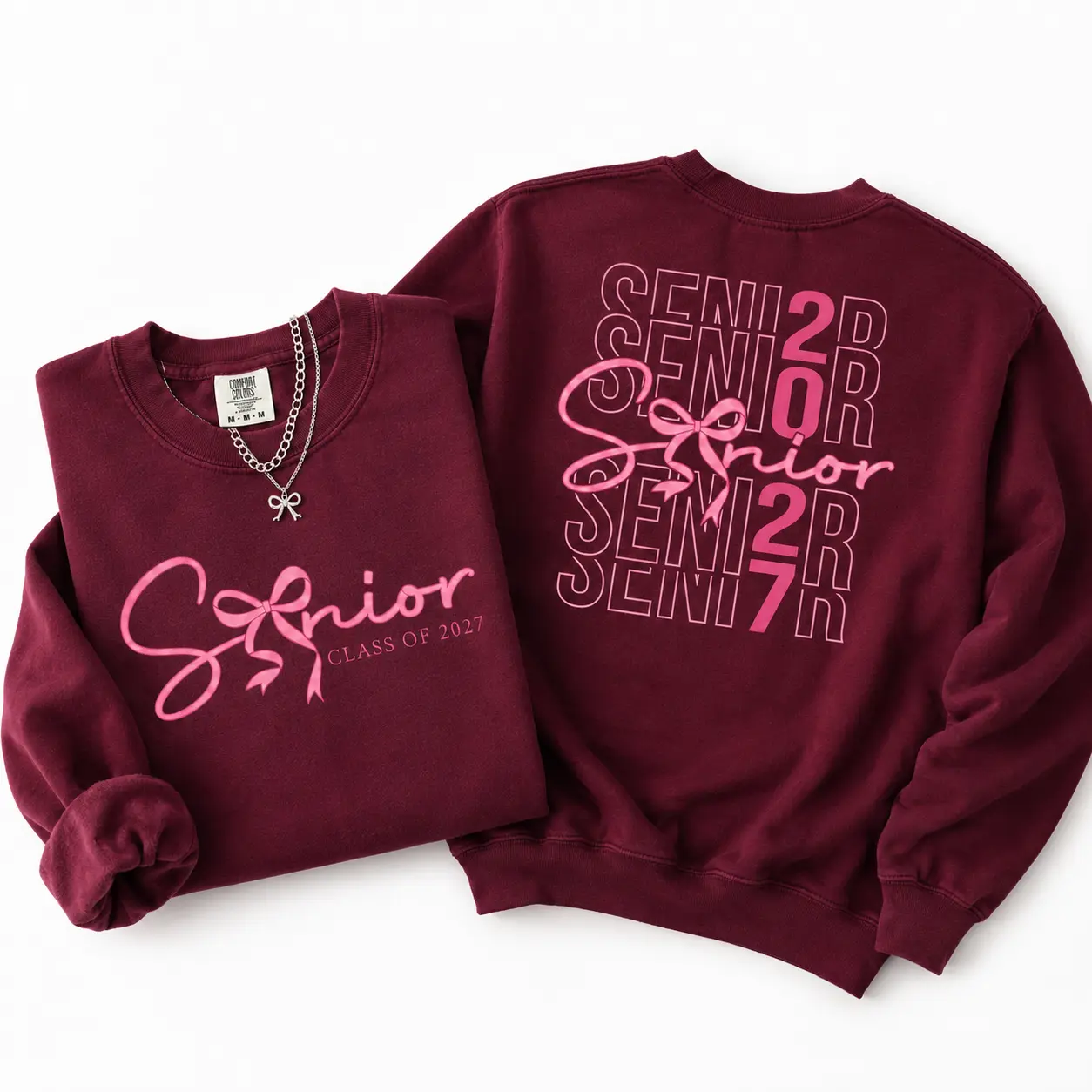 Senior 2027 Sweatshirt for Girls, Pink Bow Senior Class of 2027 Crewneck Pullover, Trendy Graduation Sweatshirt Gift for High School Seniors