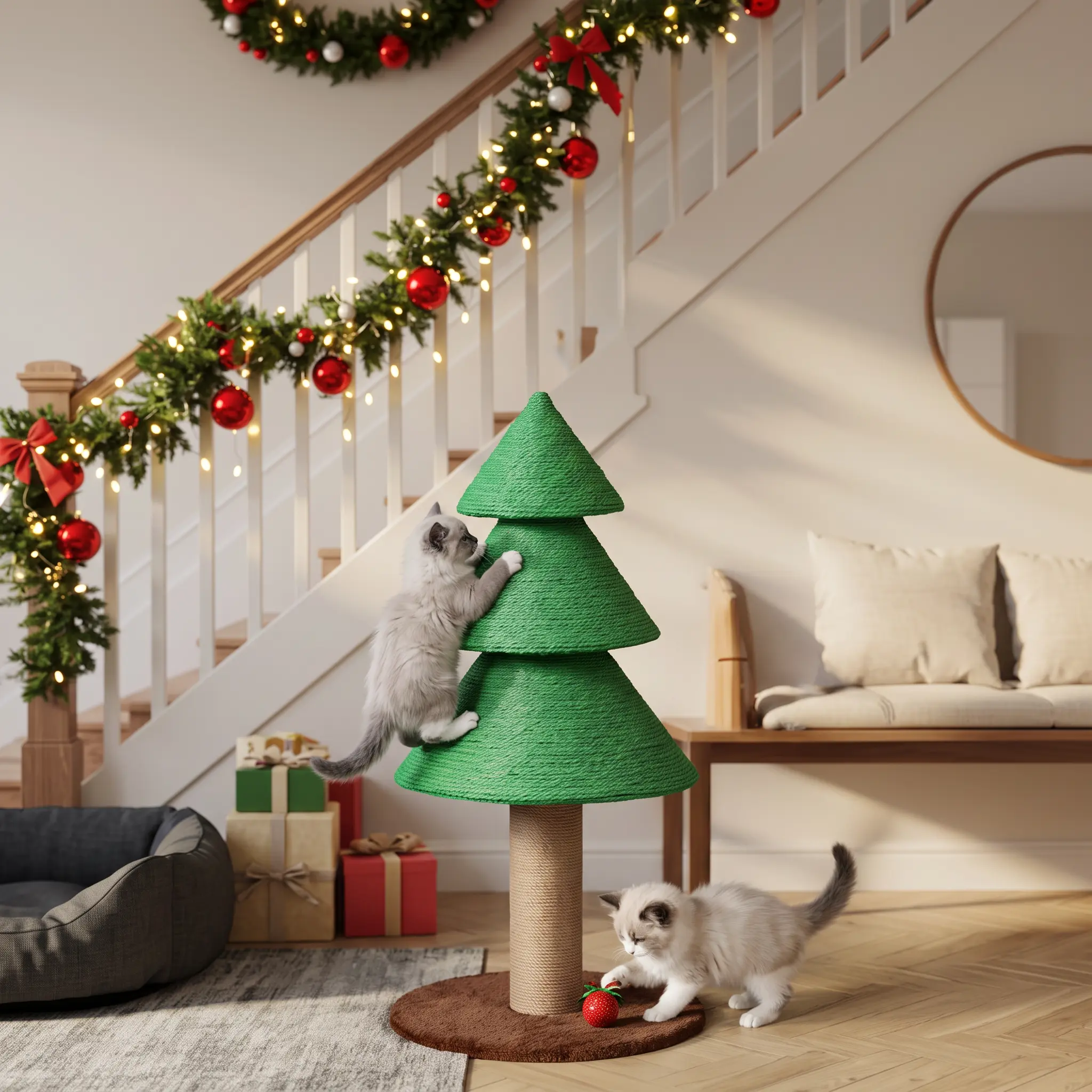 31.5in Holiday Theme Christmas Tree Cat Scratcher Tower - Festive Shape, Large Sisal Rope Scratching Post, Hanging Toy - Indoor Pet Furniture Decor for Small-Medium Cats
