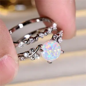 FASHION - Cute Female White Fire Opal Round Leaf Engagement Ring Set Cute Silver Color Wedding Jewelry For Women