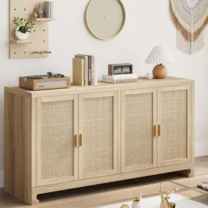 【Christmas Gift】40 inch Modern Boho Storage Cabinet with Woven Rattan Doors Adjustable Shelf Multifunctional TV Stand Coffee Bar and Entryway Console Table for Kitchen Living Room Oak Brown