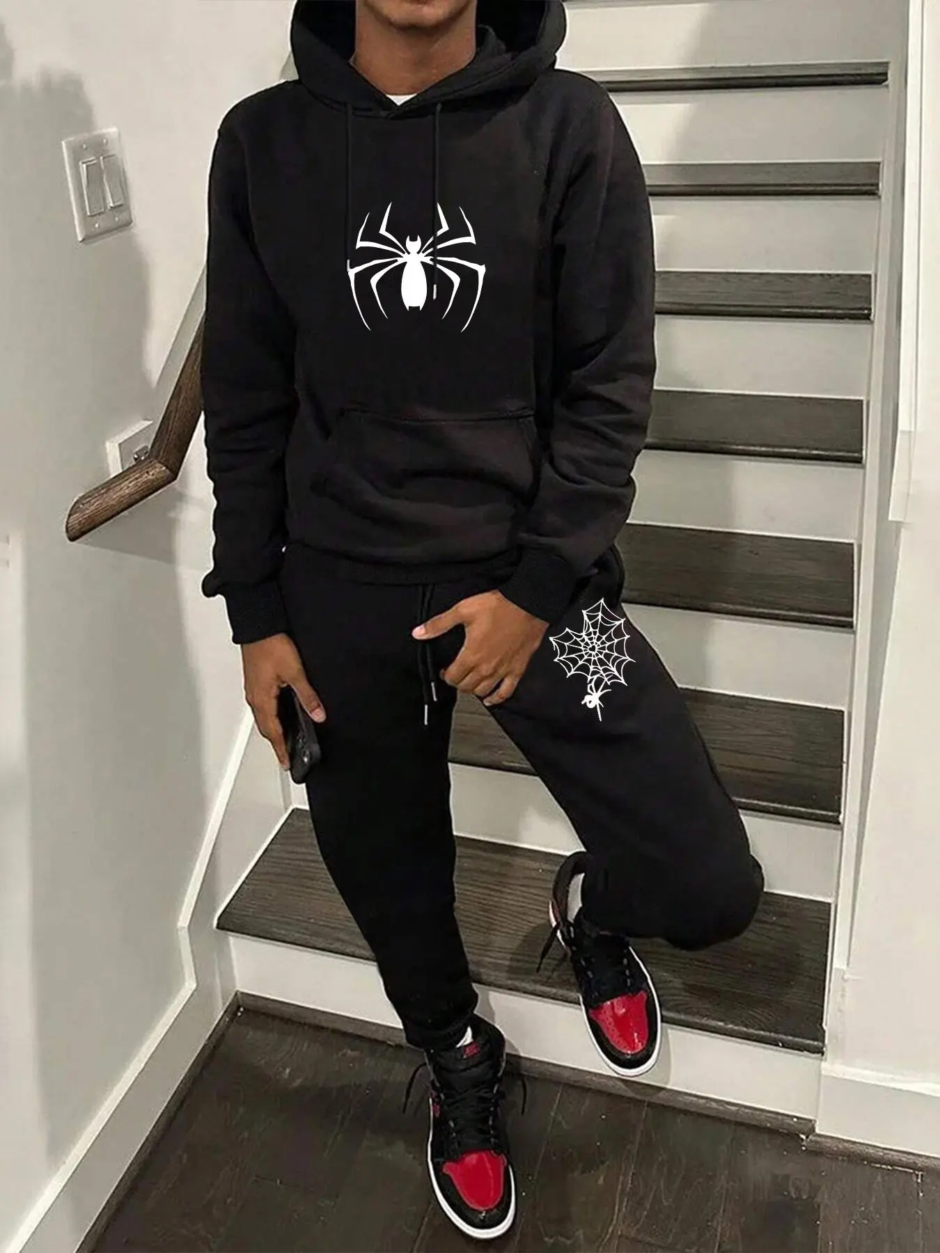 Men's Regular Fit Spider Print Drawstring Hoodie Top & Pocket Sweatpants Set, Casual Long Sleeve Hooded Clothing & Jogger Pants, Men's Fall & Winter Clothes