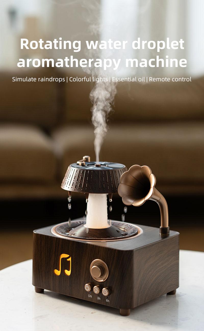 Aromatherapy Diffuser, 250ml Rotating Raindrop Record Player Design Essential Oil Diffuser & Water Mist Humidifier, Ultrasonic, Wood Grain with Remote Control, Colorful LED Night Light, Timer for Bedroom Home Office Decor