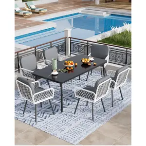 7 Piece Patio Dining Set, Outdoor All-Weather Wicker Furniture with Table, Patio Conversation Sets with Cushions for Balcony, Garden, Sunroom, Porch