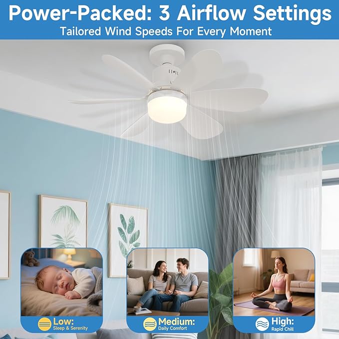 Ultra Quiet Socket Ceiling Fan Light, 3 Speed Adjustable Fan, Dimmable 3 Color Light, No Tools Installation for Bedroom and Small Space