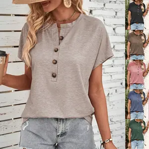 Women's Casual Henley V Neck Short Sleeve T-Shirts, Soft Ribbed Summer Tops with Buttons, Relaxed Fit Basic Tees