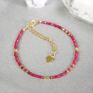 Natural Gemstone crystal Minimalist Dainty Red Crystal Ruby Beaded Bracelet, Healing Balance Anxiety Relief Stackable Layering Bracelet, Birthday gift