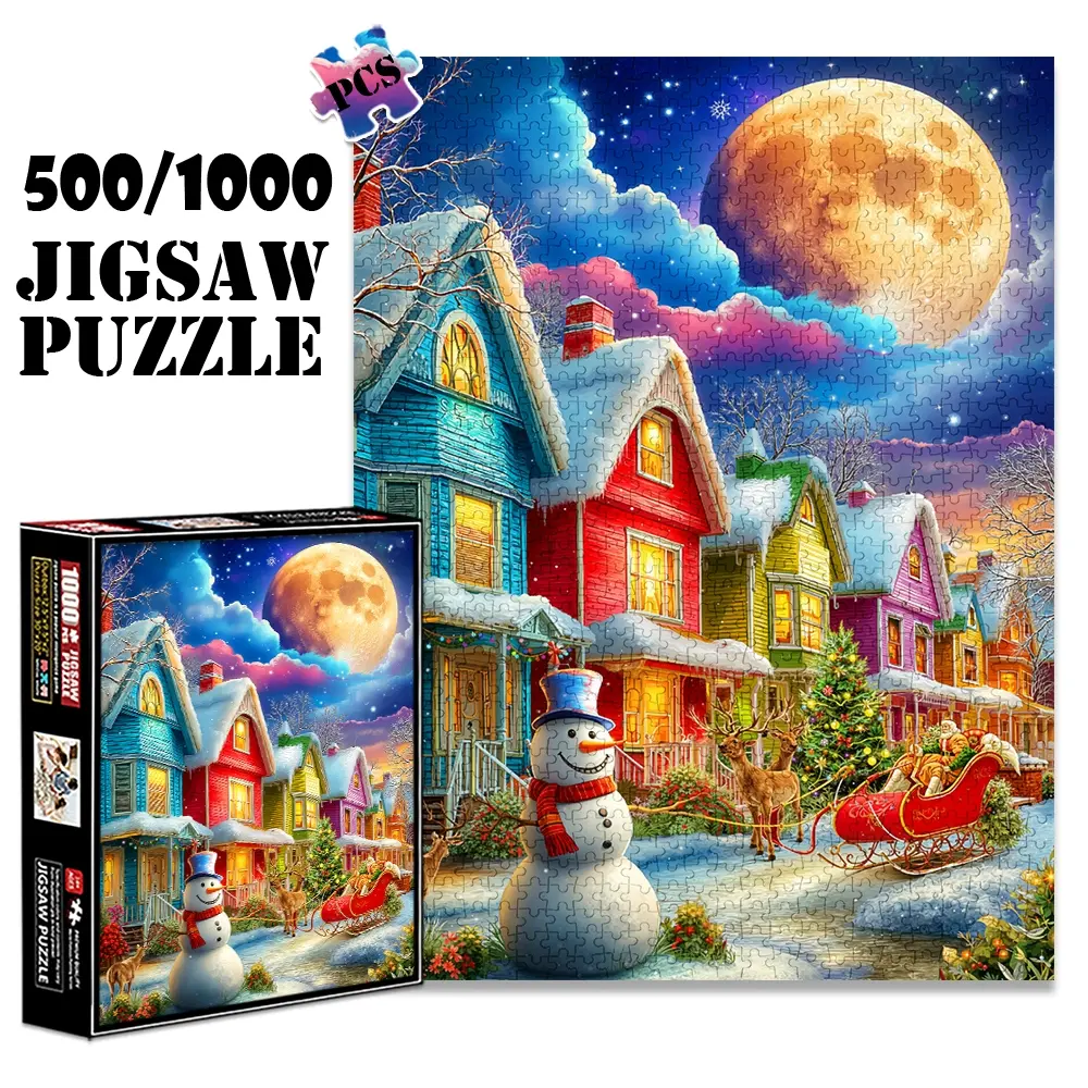 1pc 1000 piece adult puzzle 70x50cm Snowman, Colorful Houses, Christmas Sleigh and Full Moon Scene 500 pieces paper jigsaw puzzle suitable for DIY creative games for adults and families, birthday a