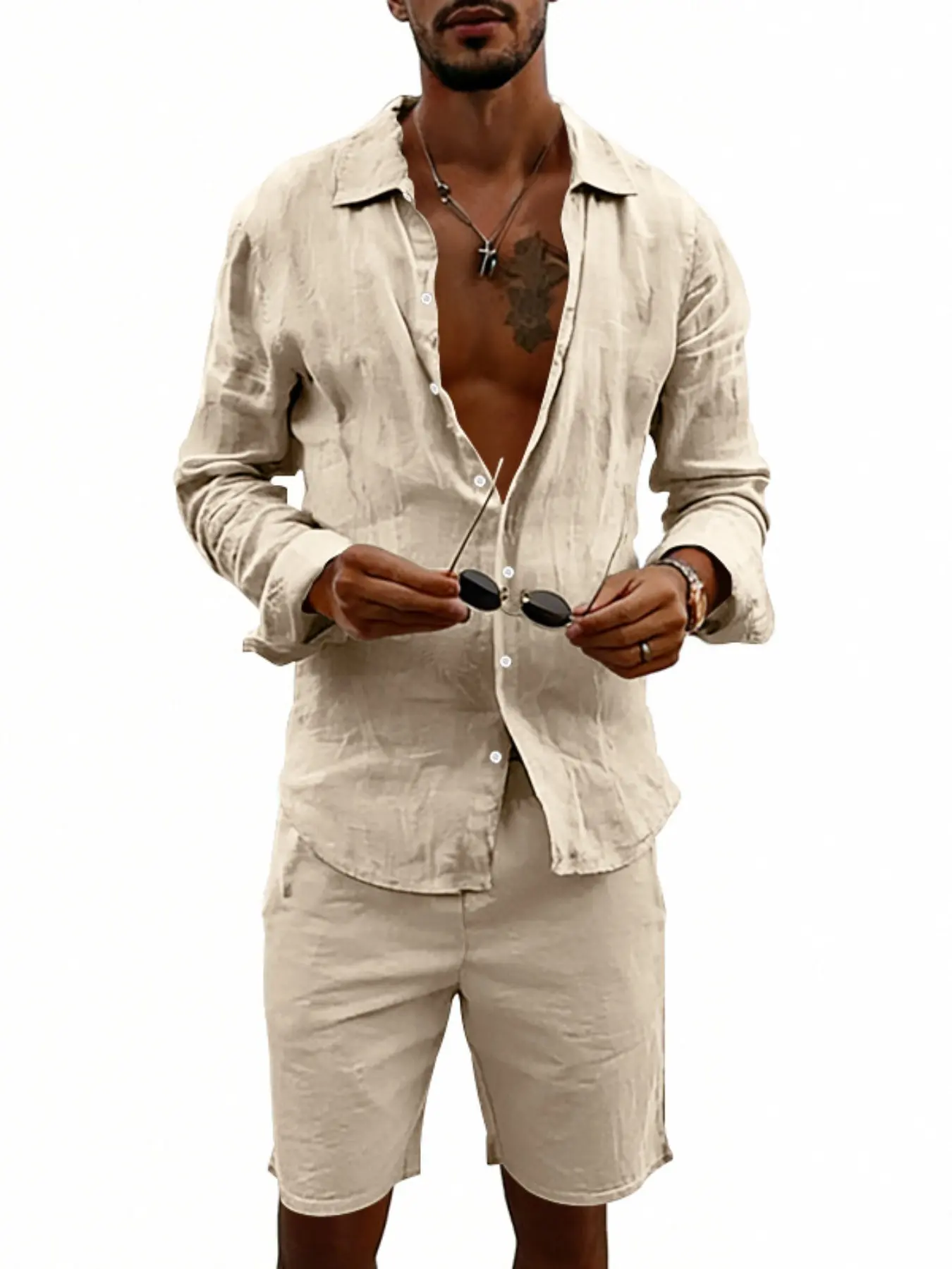 Men's 2 Piece Linen Outfit, Plain Long Sleeve Loose Button Down Shirt &  Shorts, Lightweight Breathable Fabric, Classic Casual Beach Suit for Summer  Vacation & Resort Wear - TikTok Shop