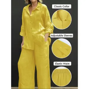 Women'S Solid Color Shirt & Wide Leg Pants Set, Casual Fashion Cozy Breathable Two-Piece Outfits For Daily Outdoor Wear, Women Clothes For Spring Fall