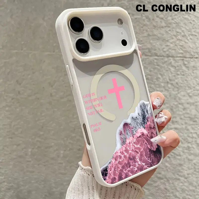 Magnetic Customized Smartphone Cover for iPhone 11-17 Pro Max/Plus/Air, Bible Christ & Waves Pattern Accessories, Non-Yellowing Shockproof Soft Silicone Transparent Acrylic Protection, Handheld Wireless Charging Support