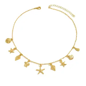 Seashell Starfish Beach Necklace Gold Sea Shell Pearl Fish Turtle Beachy Charm Choker Necklaces Boho Hawaiian Vacation Ocean Jewelry Tropical for Women