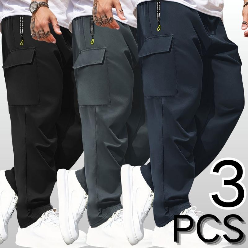 Men's 3-Pack Lightweight Cargo Pants with Elastic Drawstring Waist Zipper Pockets & Large Patch Pockets Comfortable Breathable for Outdoor & Daily Casual Wear - Fabric Menswear Activewear