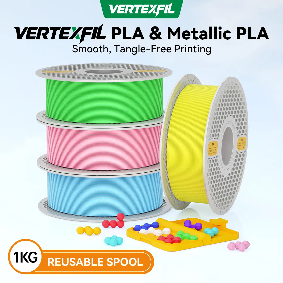 VERTEXFIL 1kg Standard & Metallic PLA Filament for 3D Printers, Reusable & Detachable Spool, Tangle-Free, 1.75mm ±0.02mm, Smooth & Reliable Printing, Eco-Friendly, Compatible with Bambu Lab, Creality, Anycubic & Most FDM Printers