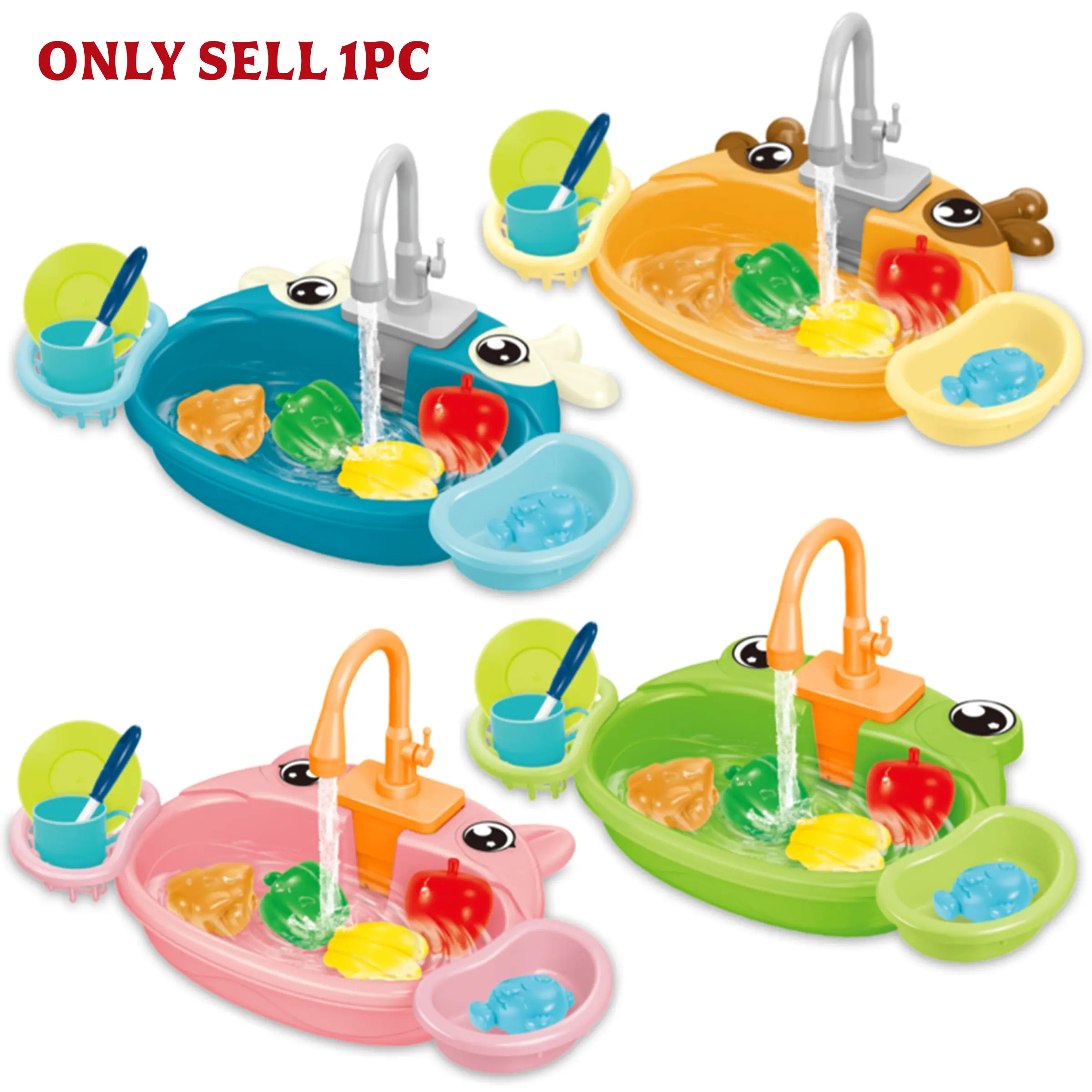 Cartoon Kitchen Sink Play Set, 1 Set Electric Water-Circulation Dishwashing Toy, Parent-Child Interaction Educational Toy, Toddler Play Kitchen Set with Pretend Play Dishes, Pretend Play Kitchen Accessories, Playset