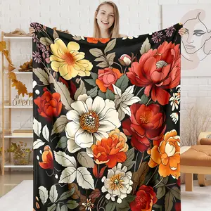 Floral Art Flannel Throw Blanket, Hand-Drawn Flower Pattern Soft Warm Cozy Blanket, Dark Vintage Statement Piece for Sofa Bedroom, Gift for Her Mom, Nap Blanket for Office, Fall Decor