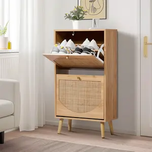 Rattan Shoe Cabinet with 2/3/4 Flip Drawers, Freestanding Shoe Storage Cabinet for Entryway Slim Hidden Shoe Cabinet with Open Shelf Boho Narrow Shoe Rack Cabinet for Hallway