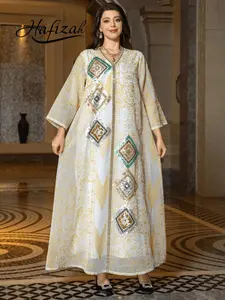 Hafizah Gold Thread Embroidered Rhombus Sequin Dress, Loose-Fit Elegant Abaya, All-Seasons Women's Fashion, Slimming Effect