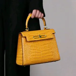 2025 High-End Kelly Women's Fashion Handbag, Retro Yellow Crocodile Skin Platinum Bag