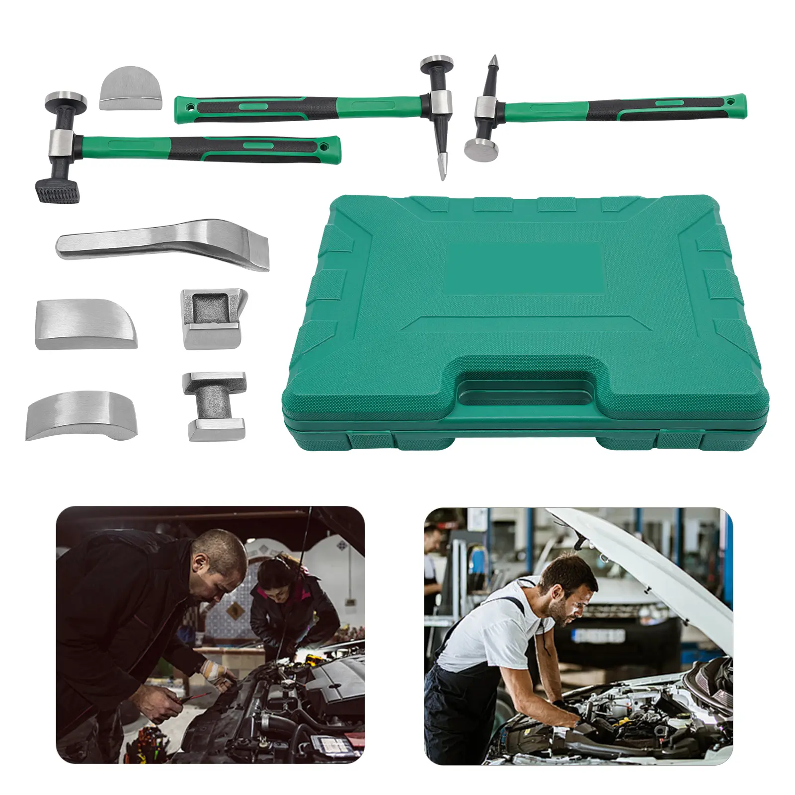 CNCEST 9-Piece Car Dent Repair Kit with Green Storage Case - 45# Steel Fender Tool Set for DIY Mechanics & Home Use - Cost-Saving & Wear-Resistant Dent Crowbar Set