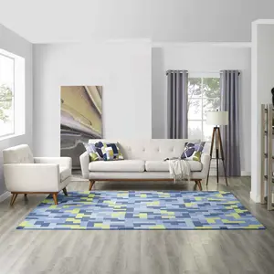 Modway Andela Interlocking Block Mosaic 8x10 Area Rug in Multicolored Blue and Light Olive Green