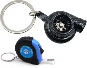 Carbon Fiber Style Turbo Keychain – Spinning Car Turbo Mini Car Part Auto Fidget Toy for JDM Racing & Free Mini Tape Measurement Stick