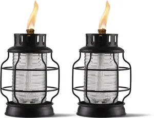 Tabletop Metal Torch Lanterns, 2-Pack – Stylish Outdoor Tabletop Tiki Torches for Patio, Garden & Backyard, Decorative Torch with Fiberglass Wick & Snuffer, Black