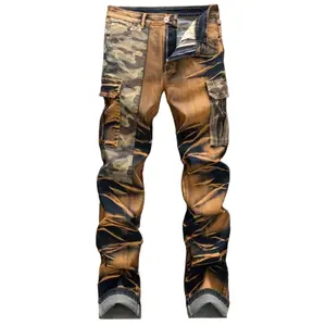 Men's Straight Cut Ripped Jeans, Fashionable Camouflage Printed Jeans, Street Fashion Men Jeans Para Hombre Menswear Overall Menswear Overall Beige Bronze Casual Plain Streetwear Trouser Pants Vintage