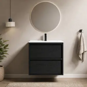 ARCH 24 Inch Wall Mounted Floating Bathroom Vanity Cabinet with Ceramic Sink, Matte Black MDF Modern Fluted Design, Two Drawers, Space-Saving Wall-Hung Storage for Small Bathroom, Powder Room, or Guest Bath, Matte Black Color Options