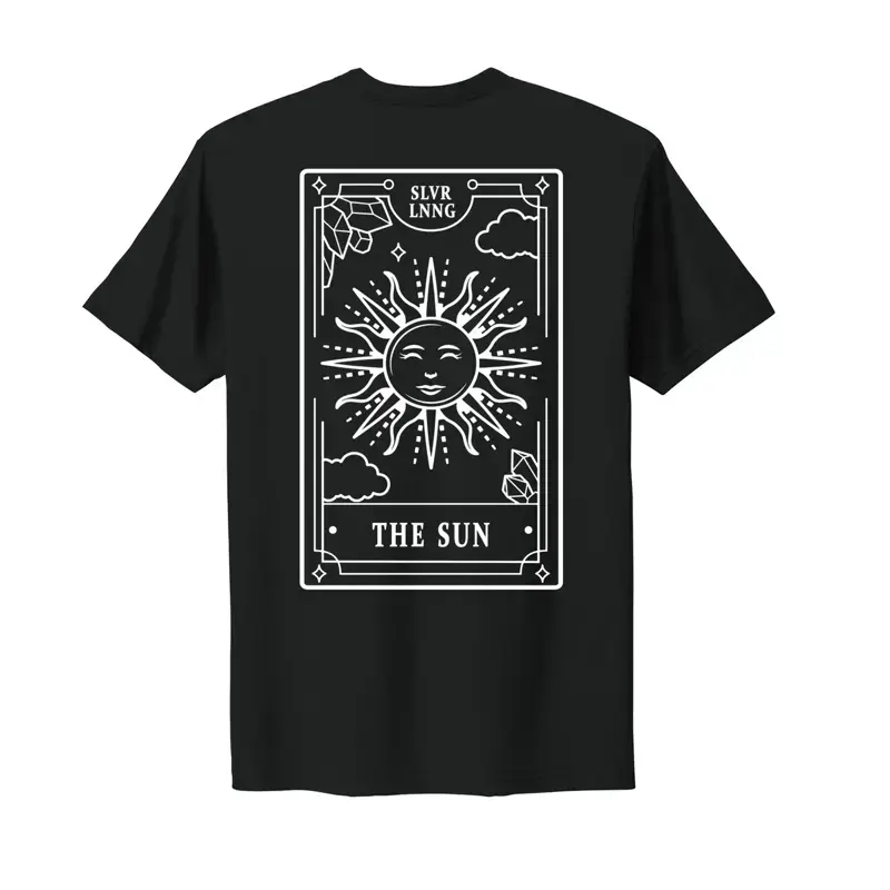 Men's Casual Cotton Short-Sleeve T-Shirt, Unisex Black Graphic Top with Sun Tarot Card, Mystical Crystal, Cloud Line Art Designs
