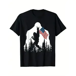 100% Premium Cotton T-shirt Bigfoot Rock On Hold American Flag Sasquatch Believers T-Shirt