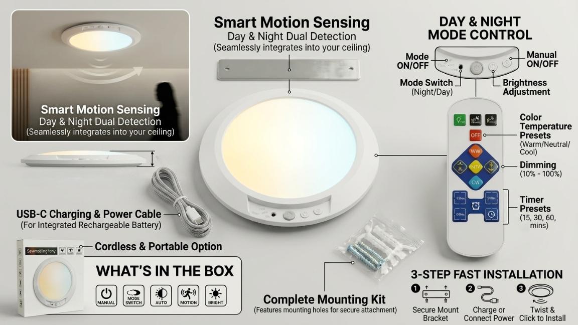 Rechargeable Motion Sensor Ceiling Light with Remote , 3 Color Motion Sensor Lights , Wireless Closet Light Battery Operated, Magnetic Dimmable LED Lights for Shower Pantry Shed Hallway Porch Garage Stairs Rechargeable Motion Sensor Ceiling Light with Remote , 3 Color Motion Sensor Lights , Wireless Closet Light Battery Operated, Magnetic Dimmable LED Lights for Shower Pantry Shed Hallway Porch Garage Stairs