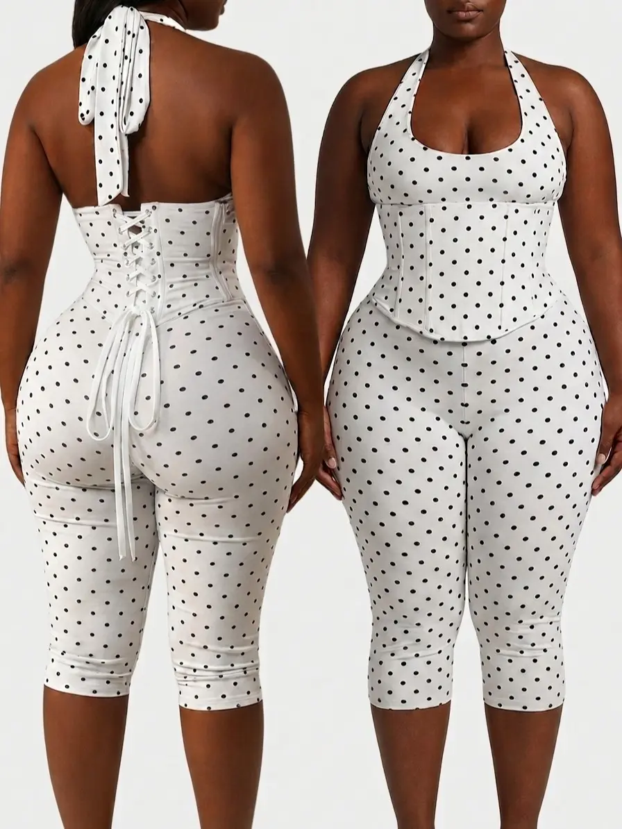 Sculpt Touch Polka Dot Halter Jumpsuit Women Backless Corset Waist Capri Romper Shapewear Bodysuit
