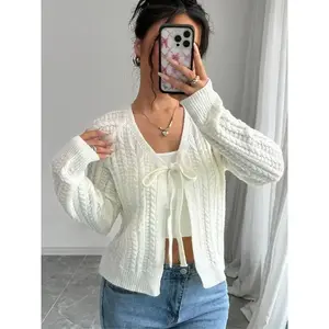 Women's Solid Tie Front Raglan Sleeve Sweater Cardigan, Casual Long Sleeve Cardigan for Spring & Fall, Fashion Women's Knitwear for Daily Wear（gift） Womenswear Everyday
