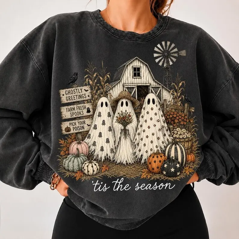 Tis The Season Ghost Trio Sweatshirt, Pumpkin Patch Ghosts Sweatshirt, Farmhouse Halloween Sweater, Checkered Floral Polka Dot Ghosts, Fall Sweater