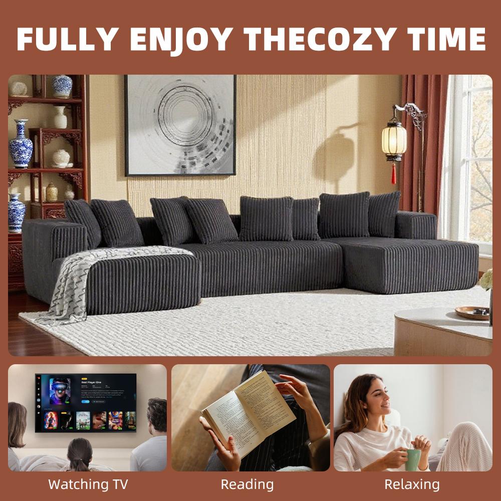 【3 Packages shipping】132" Oversized U-Shaped Cloud Sectional Sofa, Includes Chaise Lounge + Recliner + 6 Pillows, Plush Corduroy Fabric, Boneless Comfort Style, Stylish Furniture for Living Room/Bedroom Modular