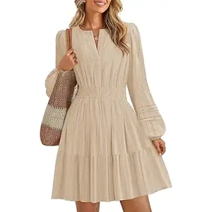 ZESICA Long Sleeve V Neck Mini Dresses for Women 2026 Spring High Waist Ruffle Pleated A Line Cocktail Party Short Dress