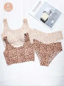 2 Pack Women's Animal Print Bra & Panty Set - Cooling Seamless Yoga Underwear V-Front Scalloped Edge Quick-Dry Sportswear