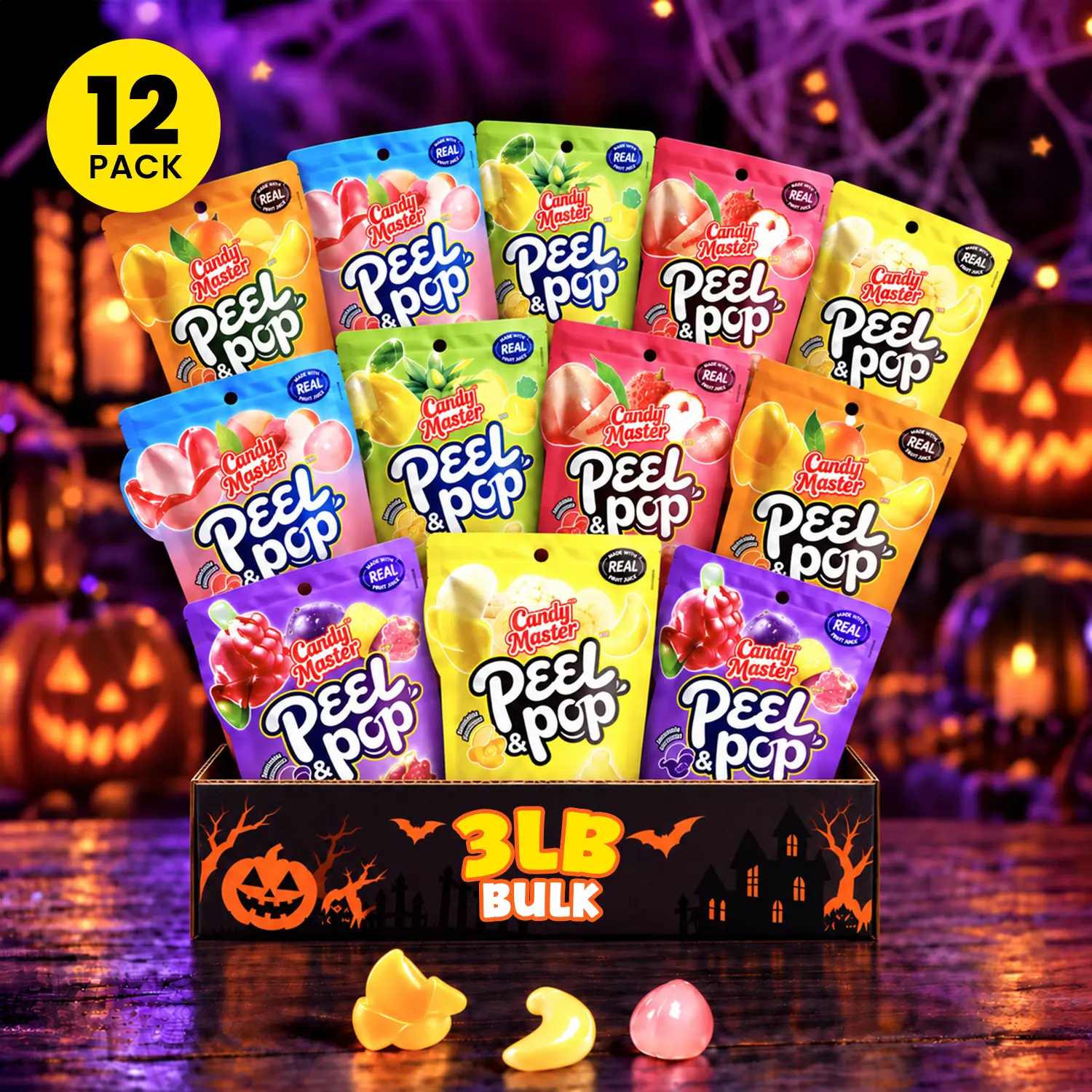 Candy Master Peel & Pop Peelable Gelatin Novelty Candies - 6 Fruity Varieties (Banana, Lychee, Grape, Peach, Mango, Pineapple), Individually Wrapped, Juice Concentrate-Infused, Halal Certified, Mix-Friendly, Halloween Party Favors, Goodie Bag Stuffers