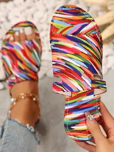 Women's Round Toe Multicolor Irregular Print Flat Lightweight Trendy Beach Sandals, Comfortable Textile Upper, Rubber Sole, Medium Width, Less Than Ankle Height